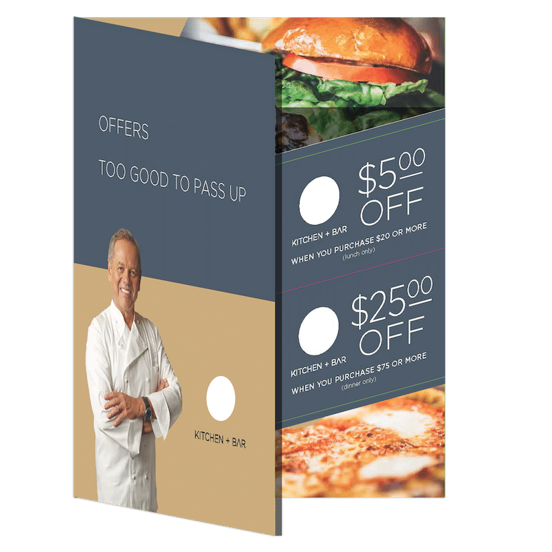 Restaurant tri-fold mailer with tear-out